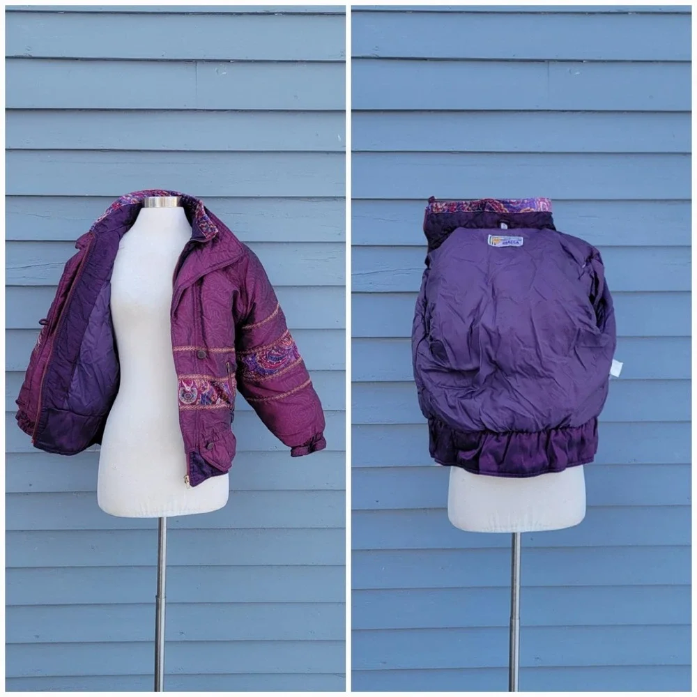 Vintage 80s Giacca Young Gallery Puffer Ski Jacket Purple Paisley‎ Brocade 14